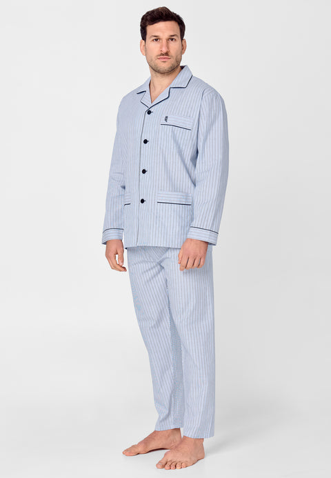Pijama Hombre Largo Solapa Algodón Popelín Rayas - Azul 1531_39 - 36059798 - https://www.elbuhonocturno.com/