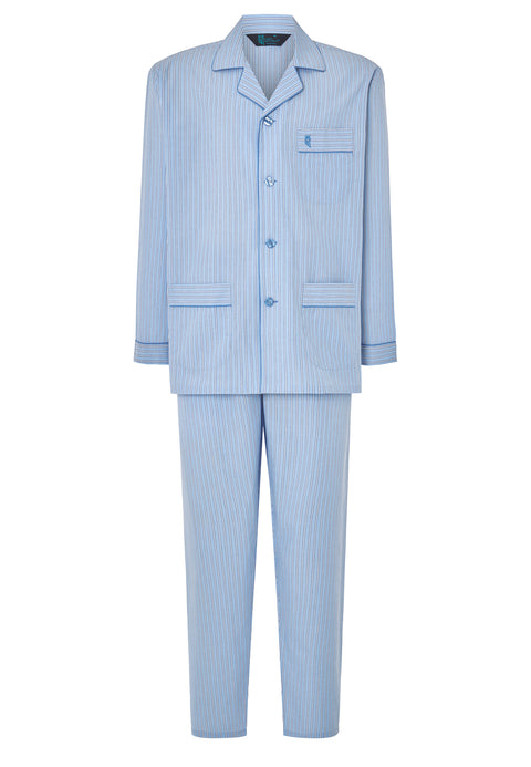 Pijama Hombre Largo Tela Entretiempo Cuello Solapa Popelín Celeste rayas blancas60% algodón 40% poliéster
