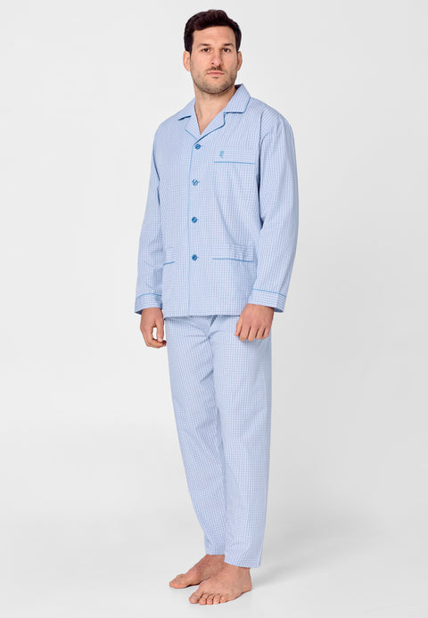 Pijama Hombre Largo Premium Solapa Popelín Cuadros - Azul 2711_30 - 71864886 - https://www.elbuhonocturno.com/