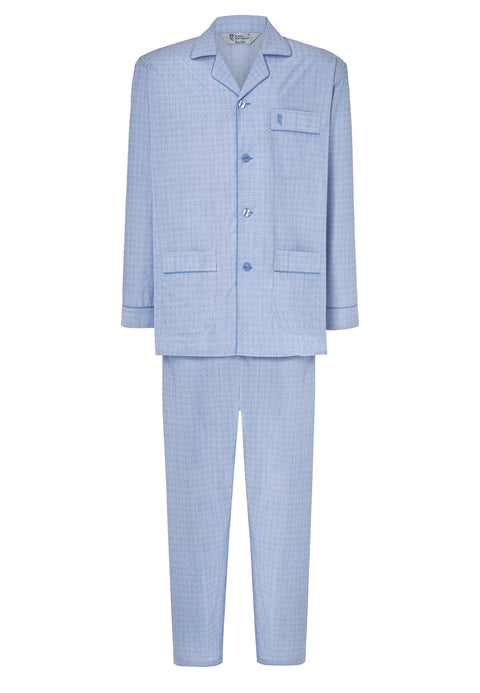 Pijama Hombre Largo Popelín Entretiempo Premium "The Gentlemen's Choice" Cuello Solapa popelín Azul estampado cuadritos azules y blancos