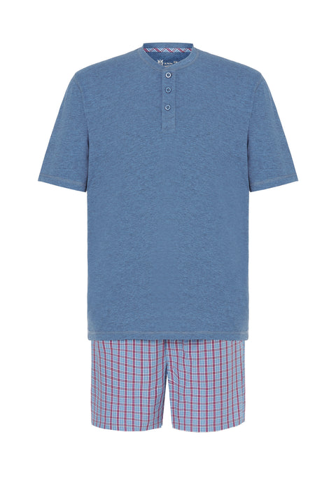 Pijama Hombre Verano Corto Tapeta Algodón Punto Liso Tela Cuadros - Azul 3603_30 - 52114191 - https://www.elbuhonocturno.com/
