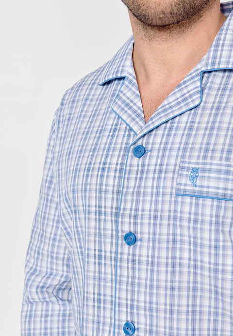 Pijama Hombre Largo Solapa Algodón Popelín Cuadros - Azul 2982_30 - 57779904 - https://www.elbuhonocturno.com/