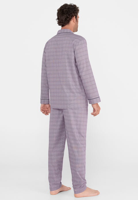 Pijama Hombre Largo Solapa Tela Popelín Cuadros Violeta