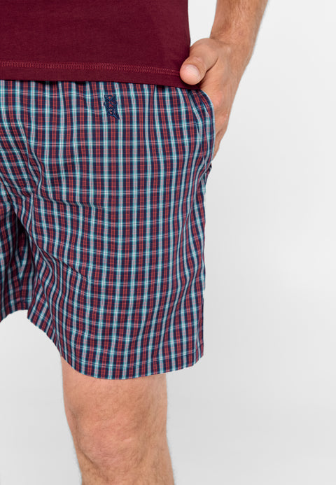 3605 - Men's Short Plaid Plaid Plain Knitted Pajamas - Garnet