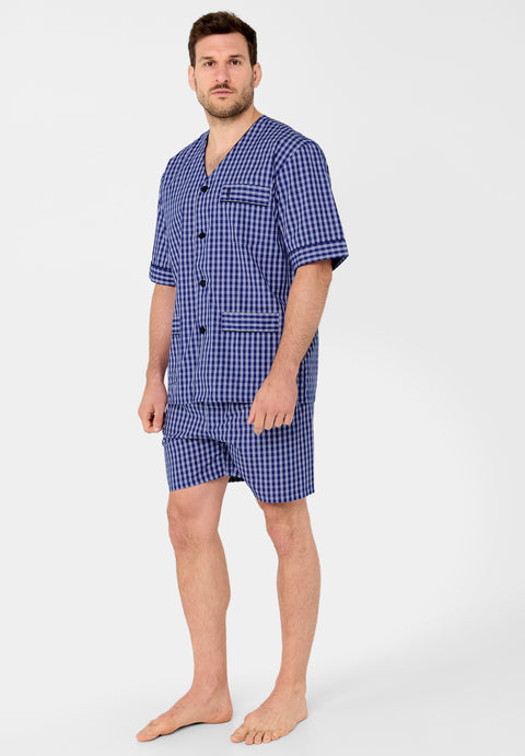 4522 - Men's Short Judo Poplin Plaid Pajamas - Blue