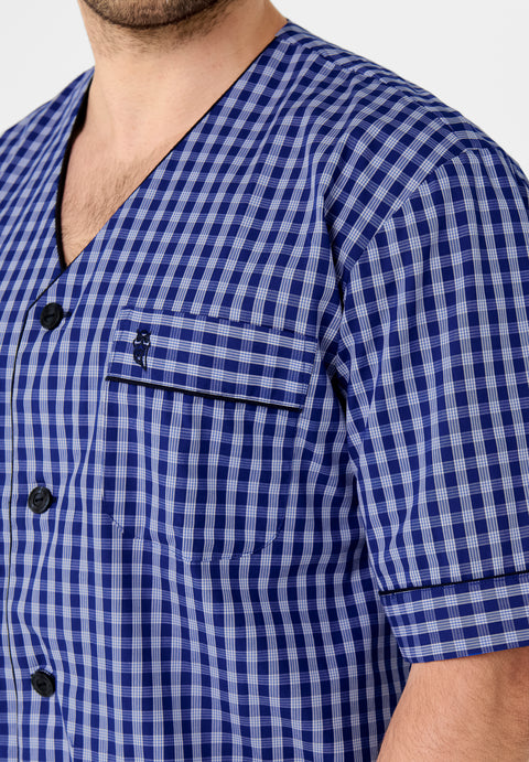 4522 - Men's Short Judo Poplin Plaid Pajamas - Blue