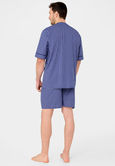 4522 - Men's Short Judo Poplin Plaid Pajamas - Blue