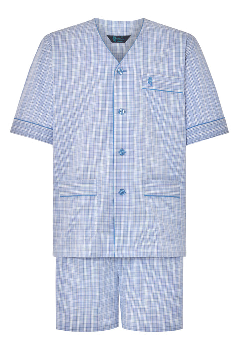 Pijama Hombre Corto Verano Tela Cuello Judo Popelín Celeste cuadros grises