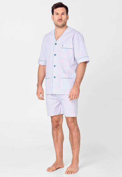 4529 - Men's Pajama Short Judo Poplin Checks - Light Blue