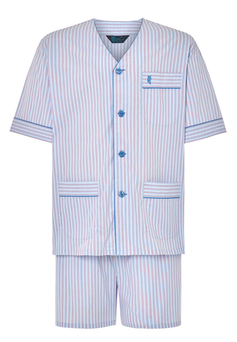 Pijama Hombre Corto Verano Tela Cuello Judo Popelín Celeste rayas rojas