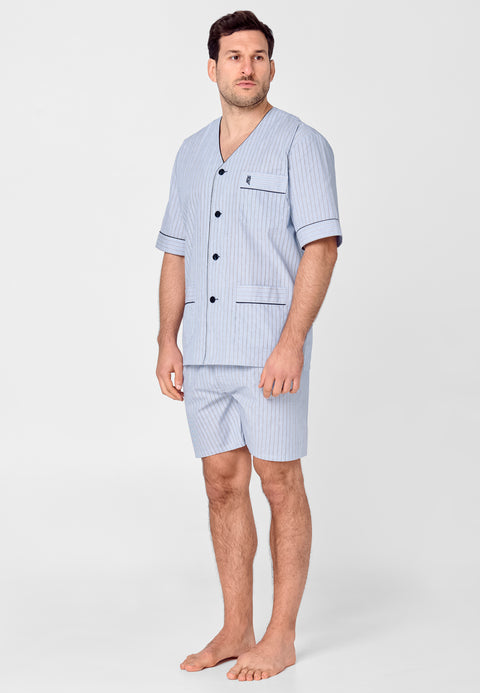 Pijama Hombre Verano Corto Judo Algodón Popelín Rayas - Azul 4531_39 - 78161420 - https://www.elbuhonocturno.com/