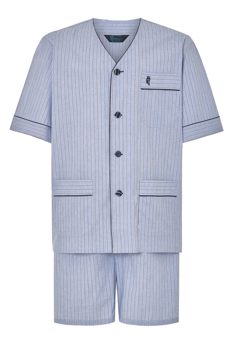 Pijama Hombre Corto Verano Tela Cuello Judo Popelín Navy rayas azul