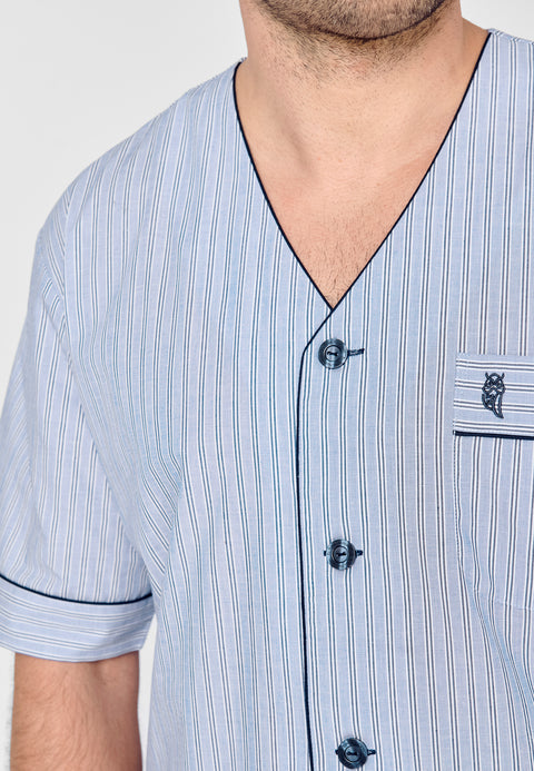 Pijama Hombre Verano Corto Judo Algodón Popelín Rayas - Azul 4531_39 - 1577141 - https://www.elbuhonocturno.com/