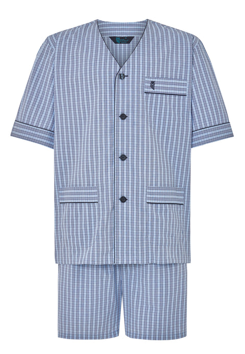 Pijama Hombre Corto Verano Tela Cuello Judo Popelín Cuadros azul Rayas marino