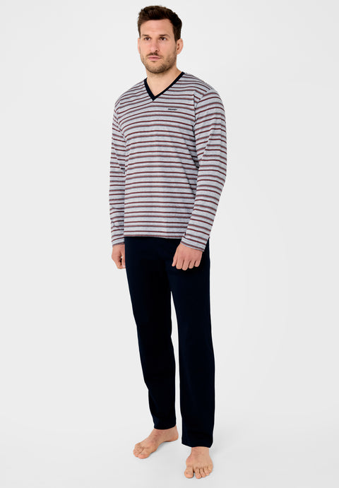 PRODIGY Pijama Hombre Largo Premium Pico Algodón Punto Rayas - Gris 532_20 - 58110128 - https://www.elbuhonocturno.com/