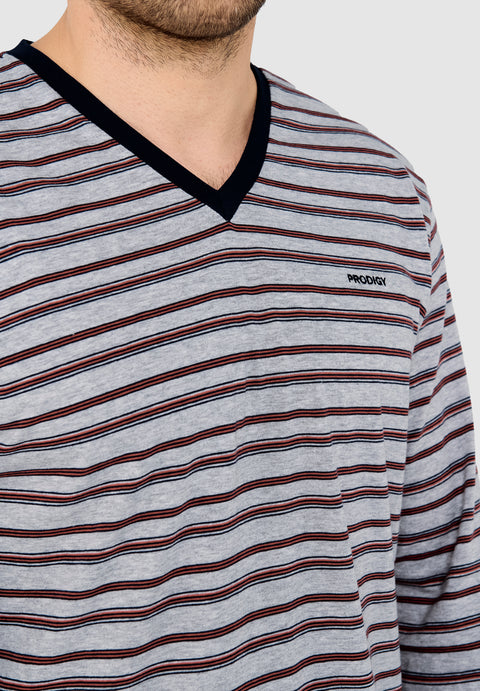 PRODIGY Pijama Hombre Largo Premium Pico Algodón Punto Rayas - Gris 532_20 - 63578402 - https://www.elbuhonocturno.com/