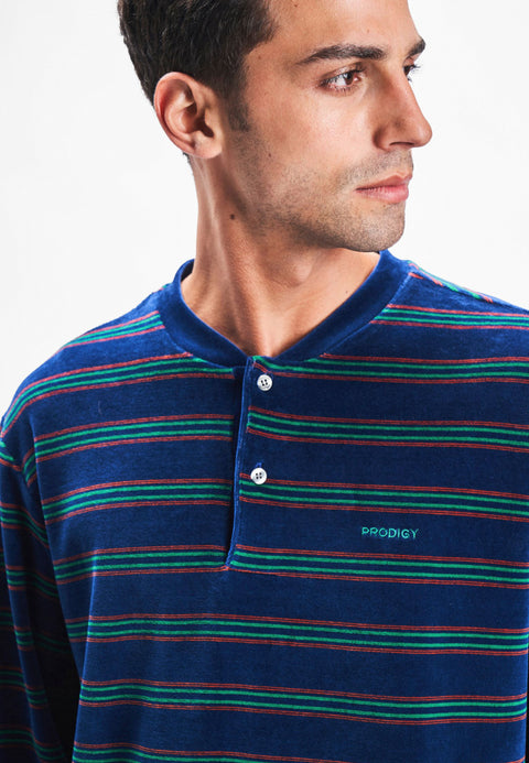 Pijama Hombre Largo Premium Rayas Azul, Verde Y Naranja Hecho En Portugal - PRODIGY
