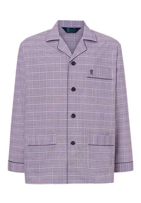 Pijama Hombre Largo Solapa Tela Popelín Cuadros Violeta