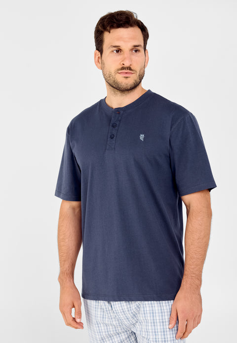 7626 - Plain Plain Placket Knitted Short Sleeve T-Shirt - Navy