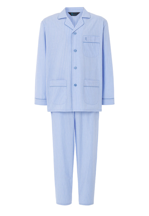 Pijama Hombre Largo Solapa Tela Popelín Rayas Azules