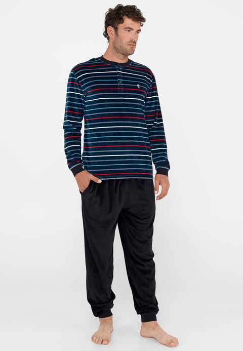 Pijama Hombre Invierno Terciopelo Rayas - Azul 5724_39 - 65138464 - https://www.elbuhonocturno.com/