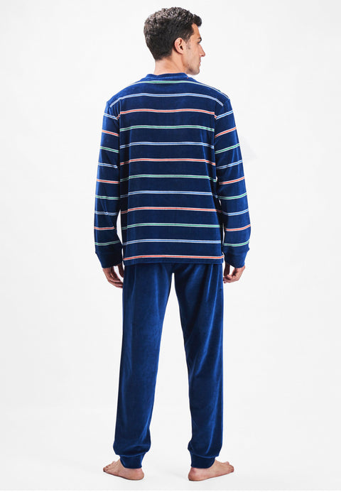 Pijama Hombre Largo Premium Rayas Azul, Naranja Y Verde Hecho En Portugal - PRODIGY