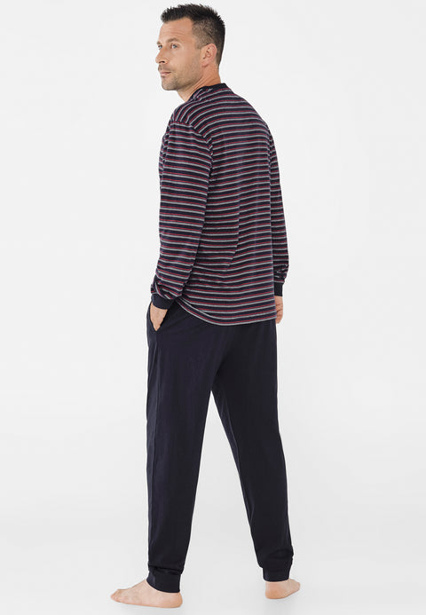 Pijama Hombre Largo Tapeta Punto Rayas Marino Algodón