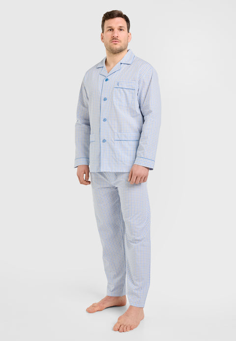 Pijama Hombre Largo Solapa Algodón Popelín Cuadros - Gris 1524_20 - 18072804 - https://www.elbuhonocturno.com/