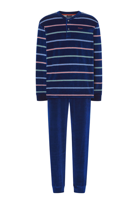 Pijama Hombre Largo Premium Rayas Azul, Naranja Y Verde Hecho En Portugal - PRODIGY