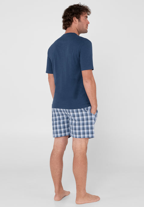 Pijama Hombre Verano Corto Tapeta Algodón Punto Liso Tela Cuadros - Azul 3602_38 - 49721385 - https://www.elbuhonocturno.com/