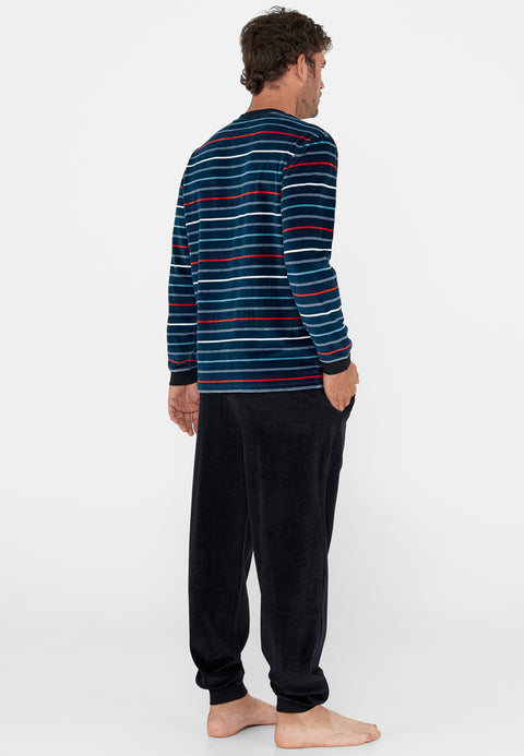 Pijama Hombre Invierno Terciopelo Rayas - Azul 5724_39 - 81257651 - https://www.elbuhonocturno.com/