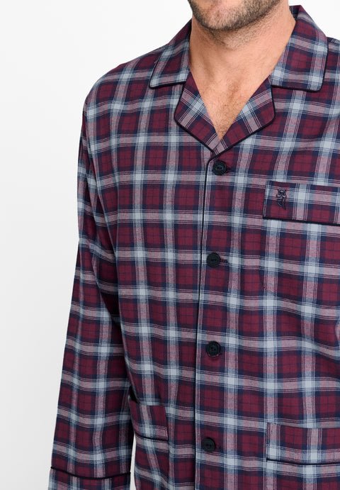 Pijama Hombre Largo Premium Tela Solapa Franela Invierno Cuadros Granate Blanco