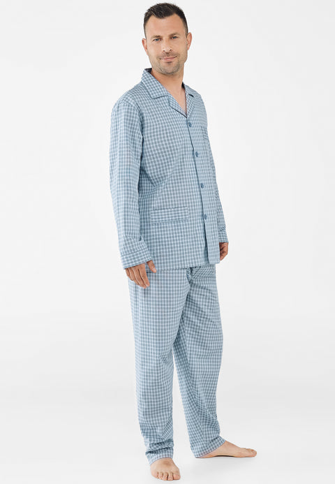 Pijama Hombre Largo Solapa Tela Popelín Cuadros Verdes
