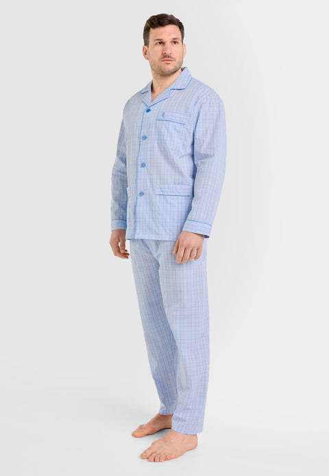 Pijama Hombre Largo Solapa Popelín Cuadros - Azul 1526_30 - 88243301 - https://www.elbuhonocturno.com/