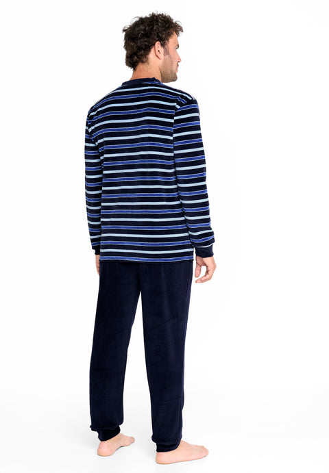 Pijama Hombre Invierno Terciopelo Rayas - Azul 5726_30 - 8638381 - https://www.elbuhonocturno.com/