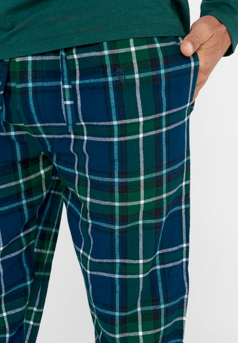 Pantalón Pijama Hombre Largo Franela Invierno Cuadros Verde Botella