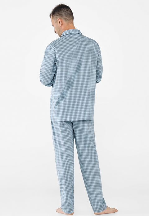 Pijama Hombre Largo Solapa Tela Popelín Cuadros Verdes