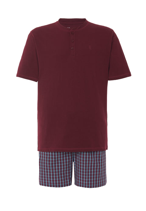 Pijama Hombre Corto Tapeta Punto Liso Tela Cuadros Rojo