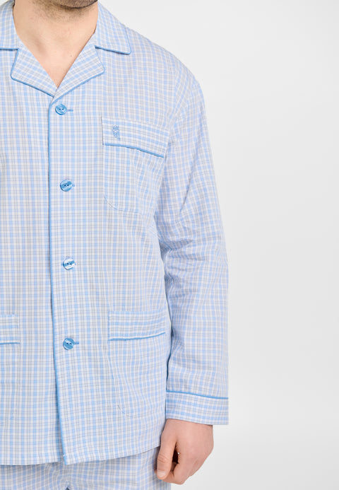 Pijama Hombre Largo Solapa Algodón Popelín Cuadros - Gris 1524_20 - 52386579 - https://www.elbuhonocturno.com/