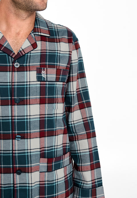 Pijama Hombre Largo Premium Tela Solapa Franela Invierno Granate Marino Cuadros