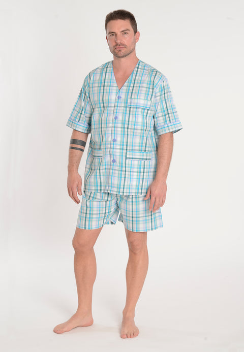 Pijama Hombre Verano Corto Judo Algodón Popelín Cuadros - Azul 4011_40 - 91074497 - https://www.elbuhonocturno.com/