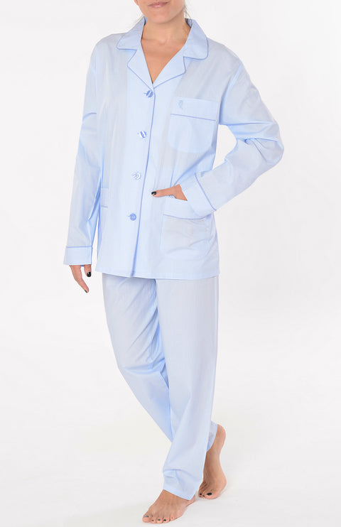 Pijama Mujer Largo Solapa Algodón Popelín Rayas - Azul 0201_30 - 90699433 - https://www.elbuhonocturno.com/