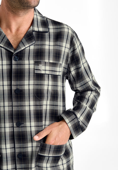 Pijama Hombre Invierno Solapa Algodón Franela Cuadros - Gris 2911_22 - 54000979 - https://www.elbuhonocturno.com/