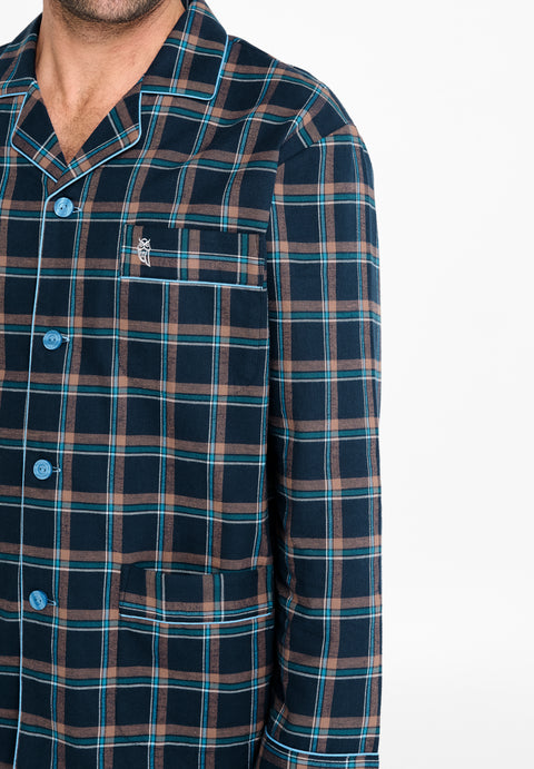 Pijama Hombre Largo Premium Tela Solapa Franela Invierno Cuadros Azul Naranja