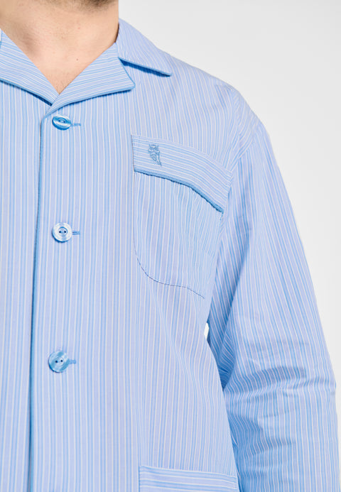 Pijama Hombre Largo Solapa Tela Popelín Rayas Azules