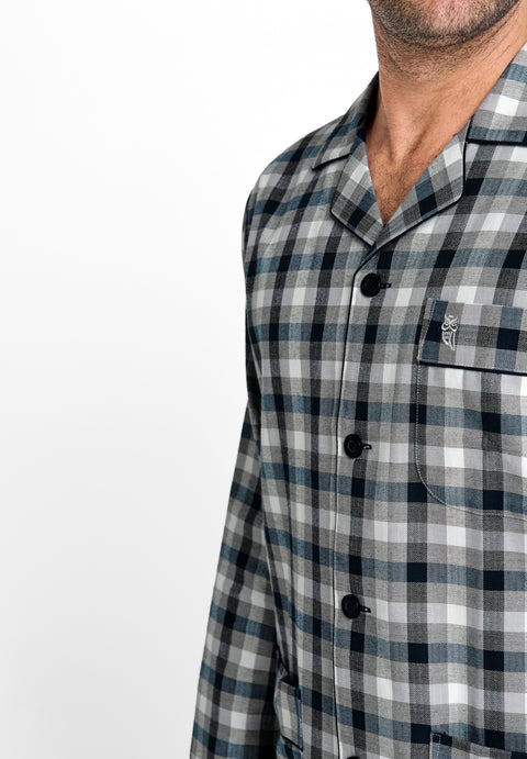 Pijama Hombre Invierno Solapa Algodón Franela Cuadros - Gris 2909_20 - 35662433 - https://www.elbuhonocturno.com/