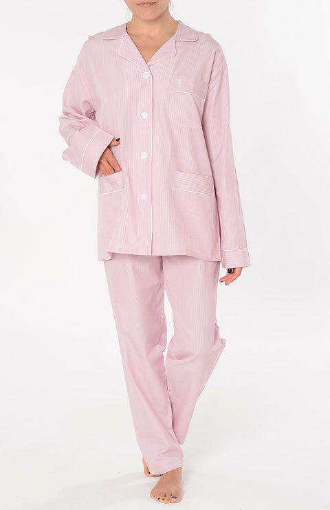 Pijama Mujer Largo Solapa Tela Popelín Rayas Rosa