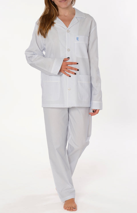 Pijama Mujer Largo Premium Solapa Seda Rayas - Azul 0900_30 - 63801622 - https://www.elbuhonocturno.com/