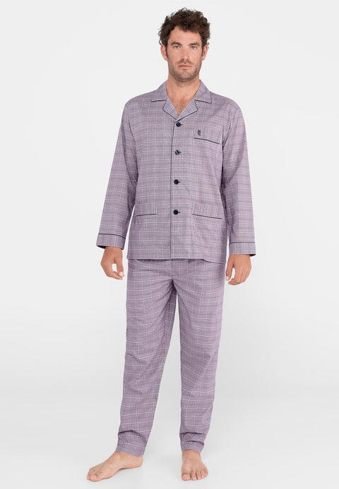 Pijama Hombre Largo Solapa Tela Popelín Cuadros Violeta