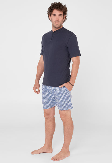 Pijama Hombre Verano Corto Tapeta Algodón Punto Liso Tela Cuadros - Azul 3604_39 - 75655785 - https://www.elbuhonocturno.com/